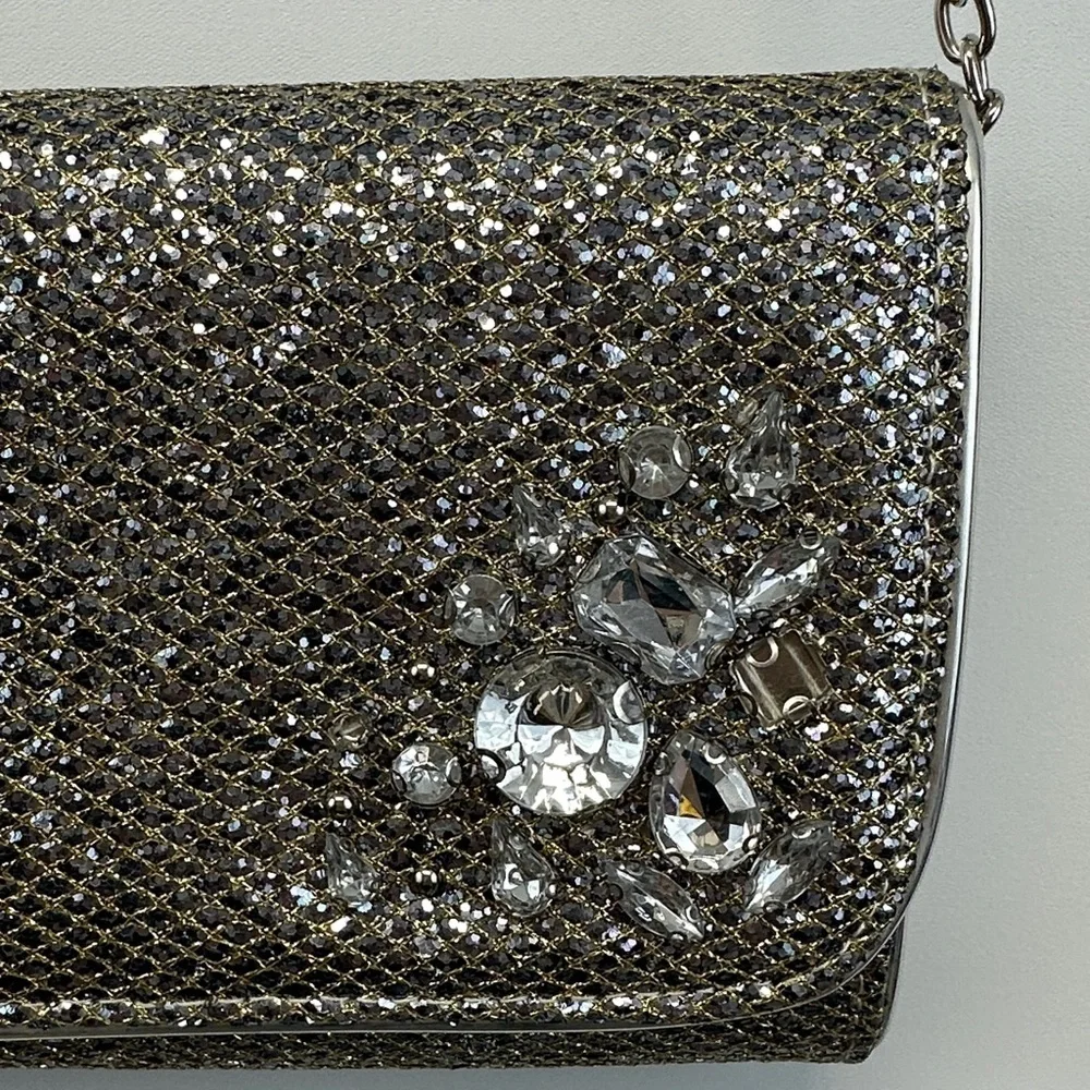Gianni Bini Crystal Embellished Chain Clutch Silver Gold Rhinestone Evening Bag